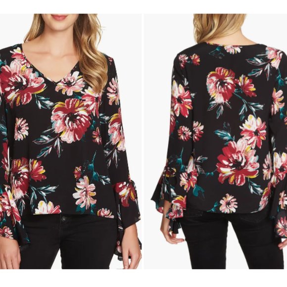 NWT 1.State Floral Print Cascade Long Sleeve Blouse Women's Sz Small - Black - Picture 2 of 2